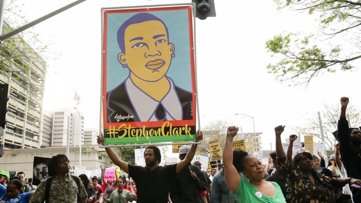 A rally in Sacramento after autopsy results were released in the death of Stephon Clark, who was shot and killed by police.