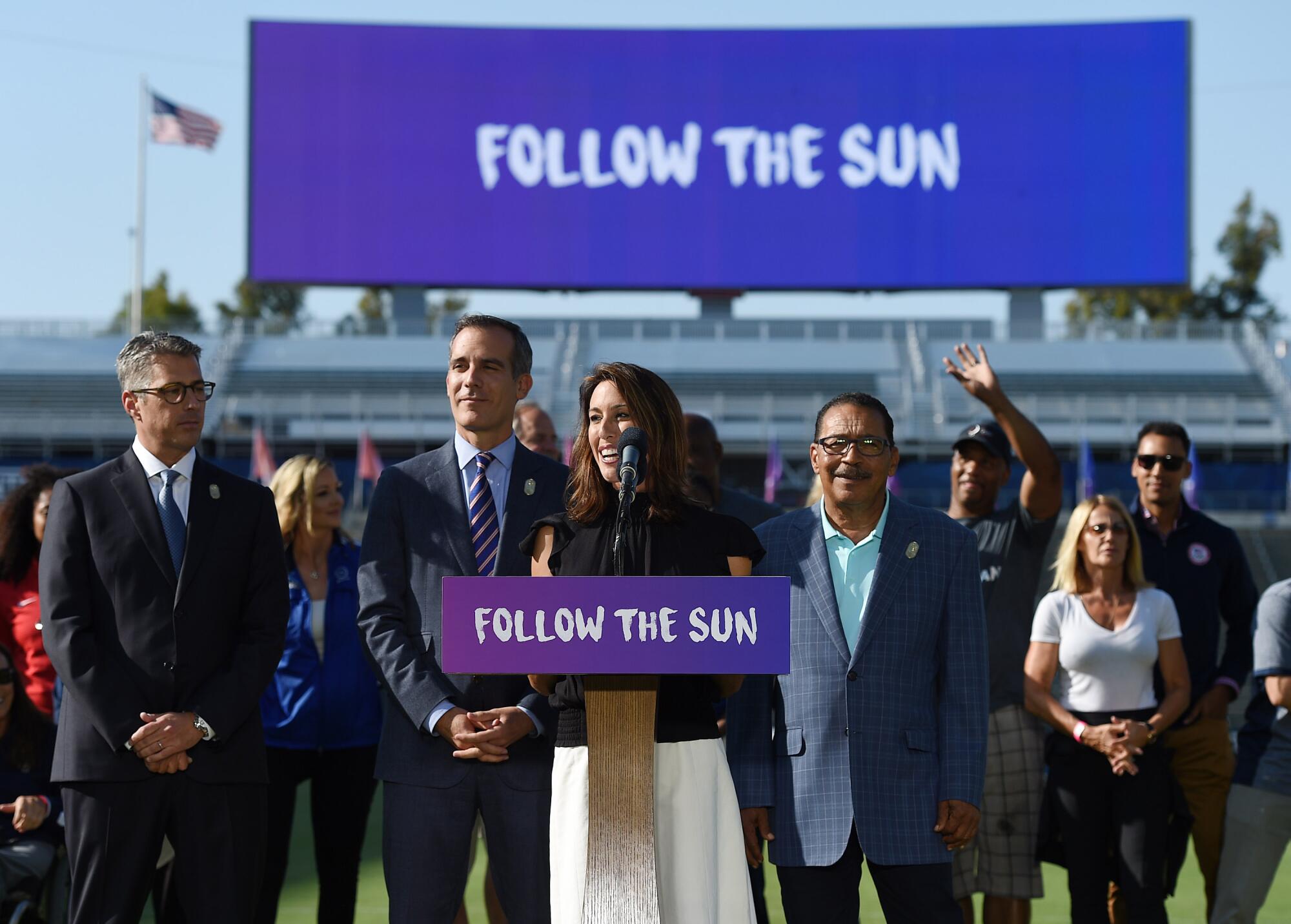 Janet Evans was on hand with Casey Wasserman, left, Los Angeles Mayor Eric Garcetti and City Council President Herb Wesson announcing that L.A. would host the 2028 Summer Olympics.