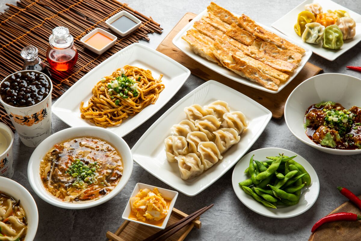 A selection of dishes from Bafang Dumpling. Don't miss the potstickers, top right.