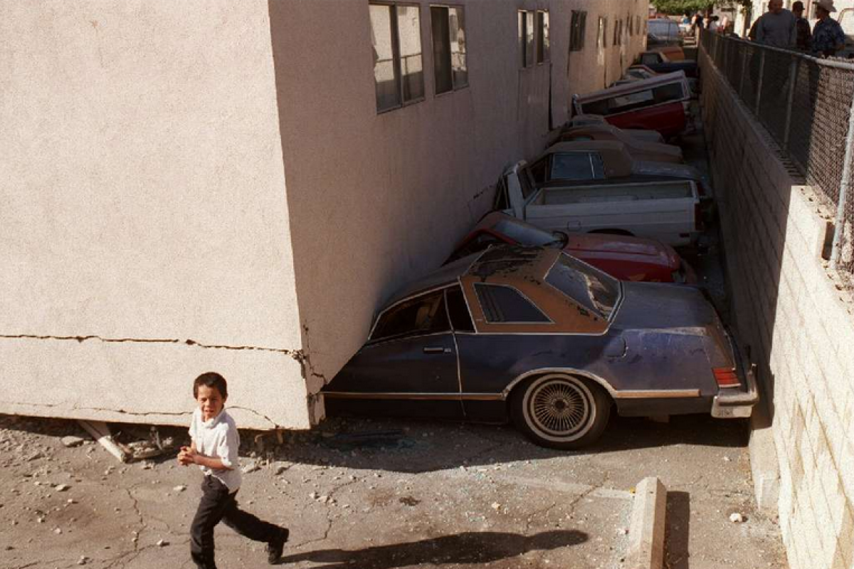 A Canoga Park apartment building collapsed onto its carport in the 1994 Northridge quake.