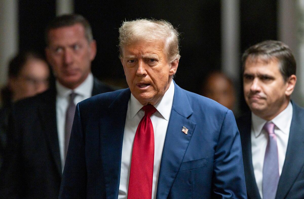 Former President Donald Trump arrives at Manhattan criminal court on Tues., Apr. 30, 2024. 