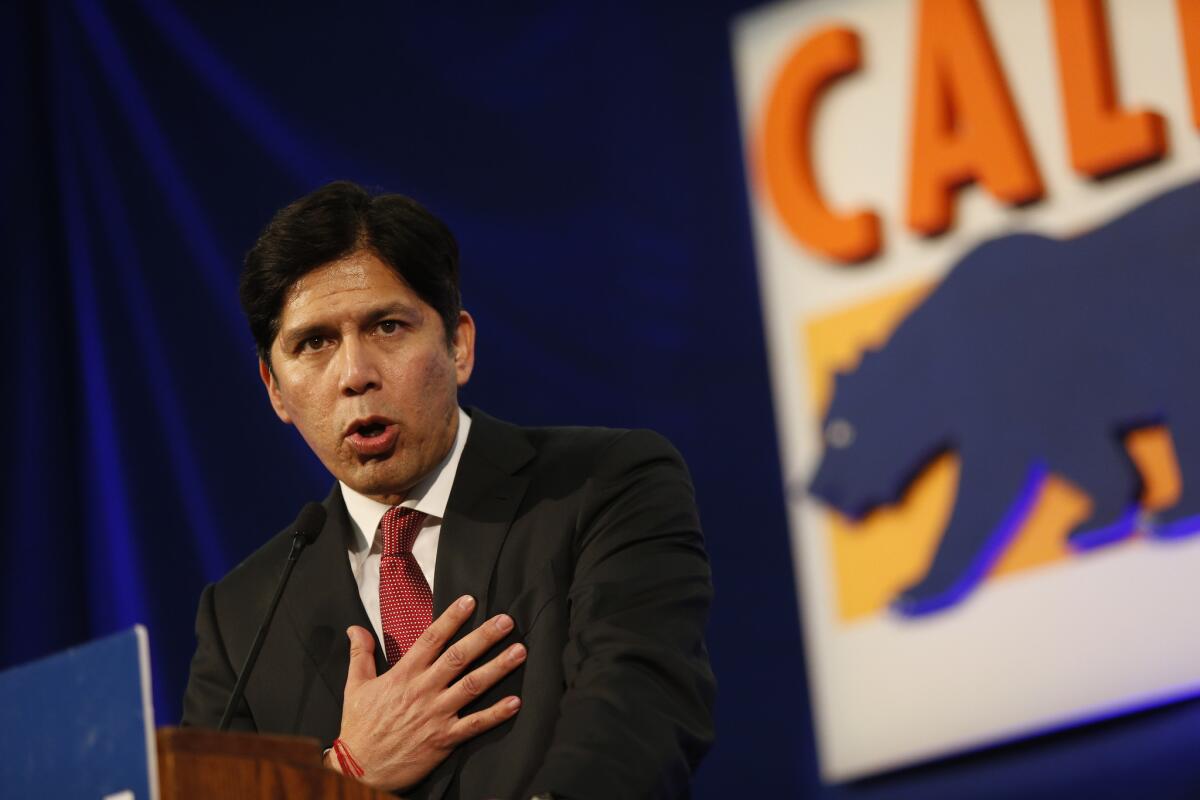 California Senate President Pro Tem Kevin de León speaks during the Democratic Party's 2015 state convention on May 16 in Anaheim.