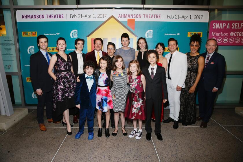 Before a fun-filled after-party, the cast of "Fun Home" arrives for the opening night performance of "Fun Home" at the Ahmanson Theatre in Los Angeles on Feb. 22.