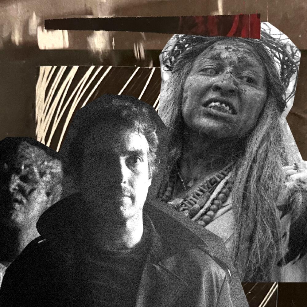 Collage of a scary demon lady and a man