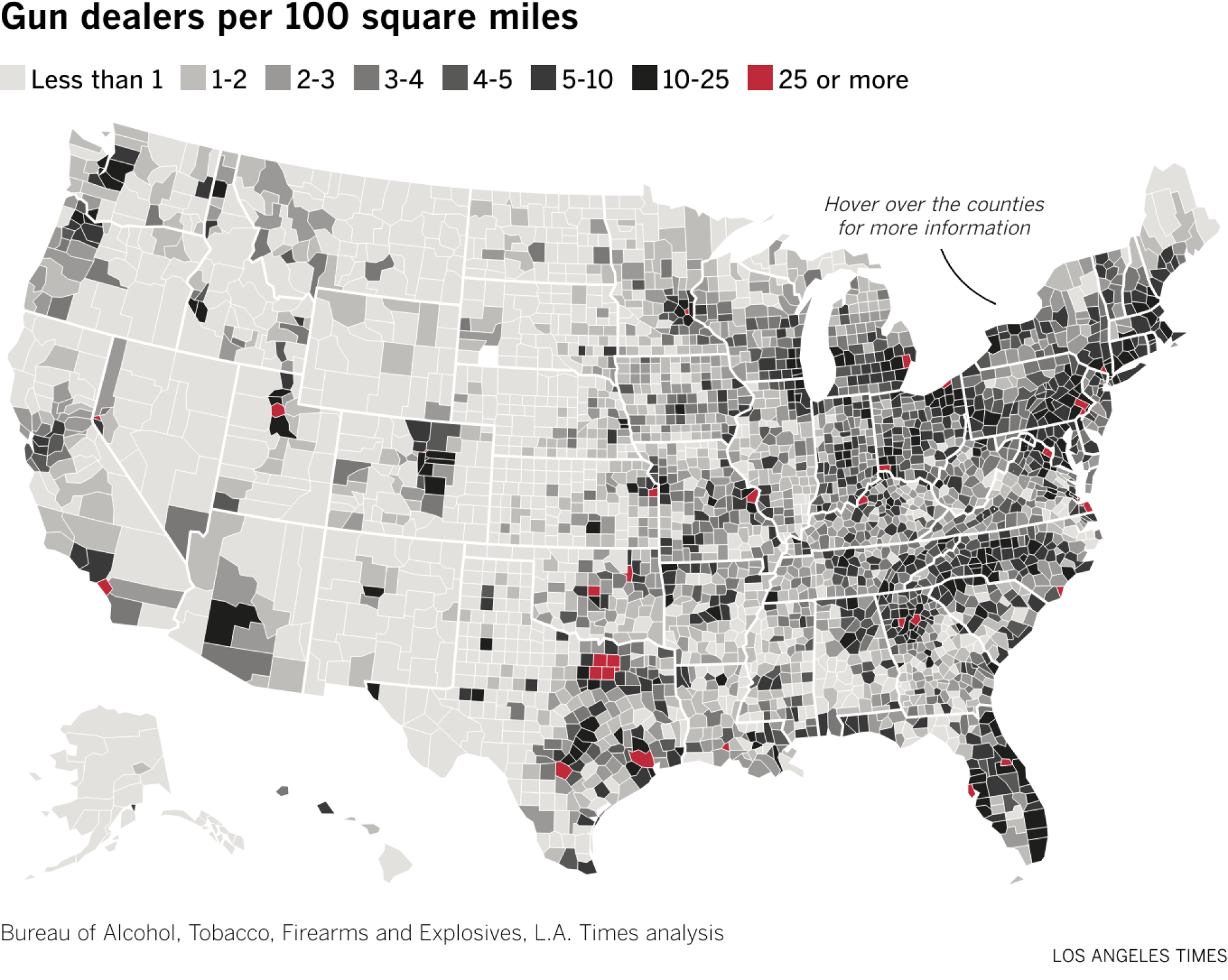 County-level color coded map of gun dealer density in the United States. Counties containing Dallas, Phoenix, Salt Lake City and Anaheim among the highest with 25 or more dealers per 100 square miles.