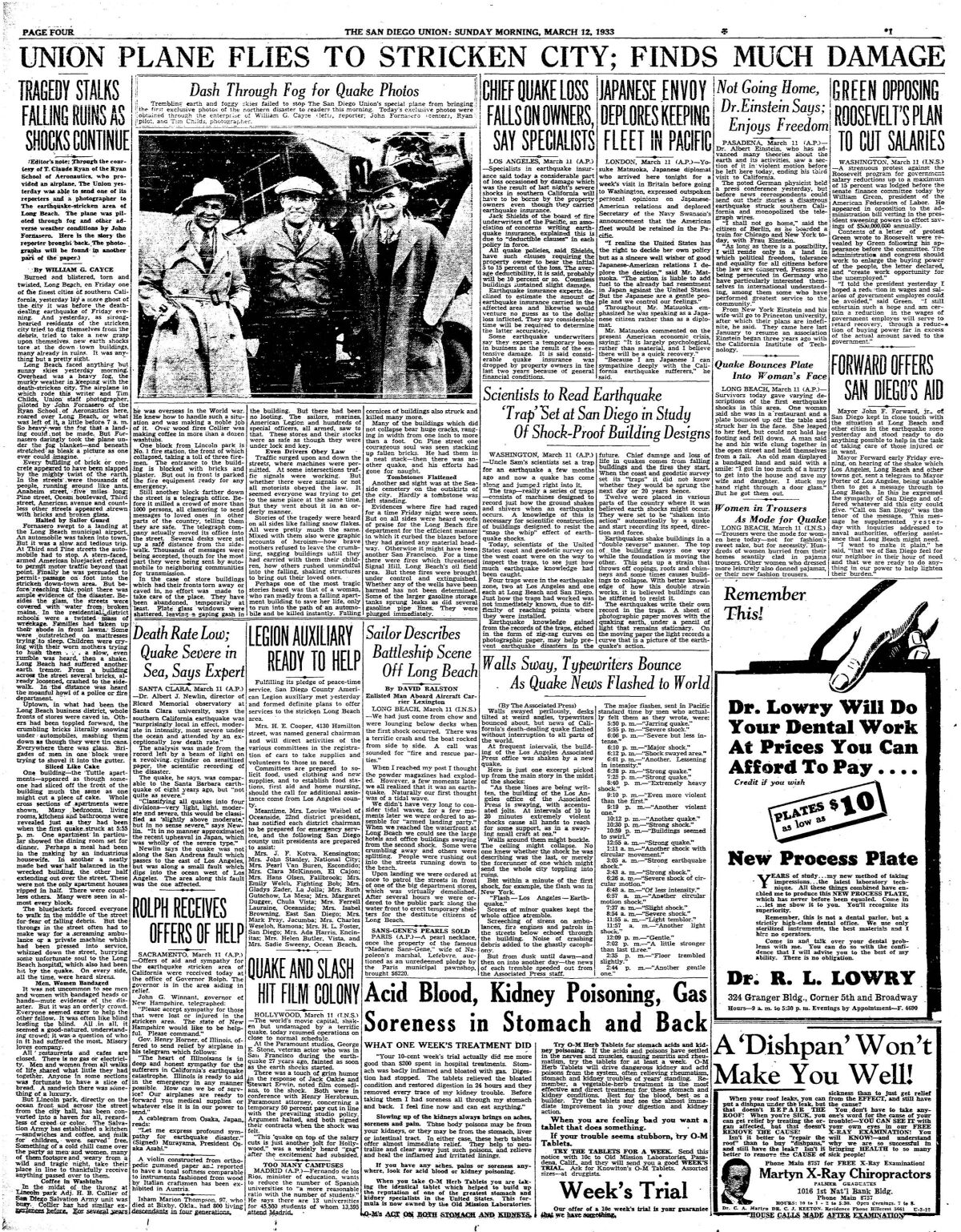 Page four of The San Diego Union, Sunday, March 12, 1933.