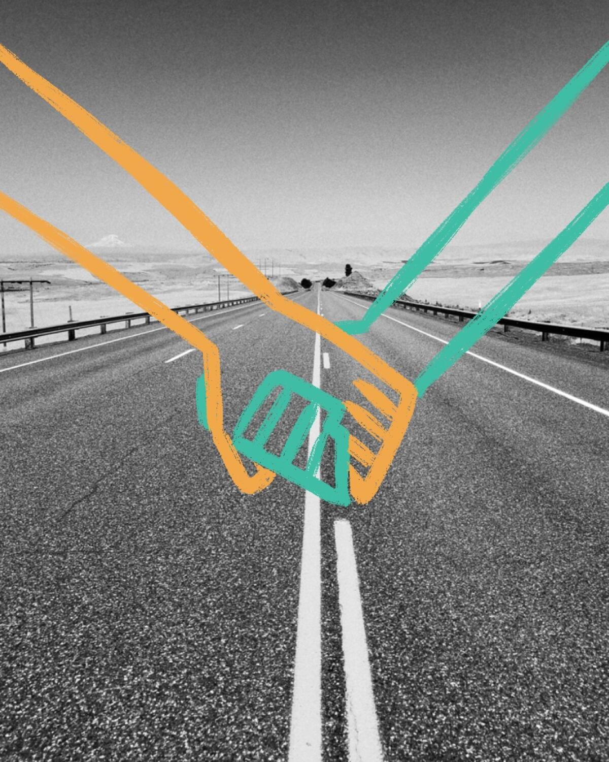 An illustration of holding hands on a road