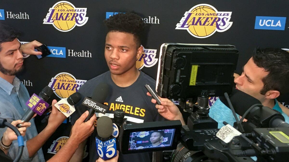 Markelle Fultz speaks with reporters after his private workout with the Lakers on Thursday.