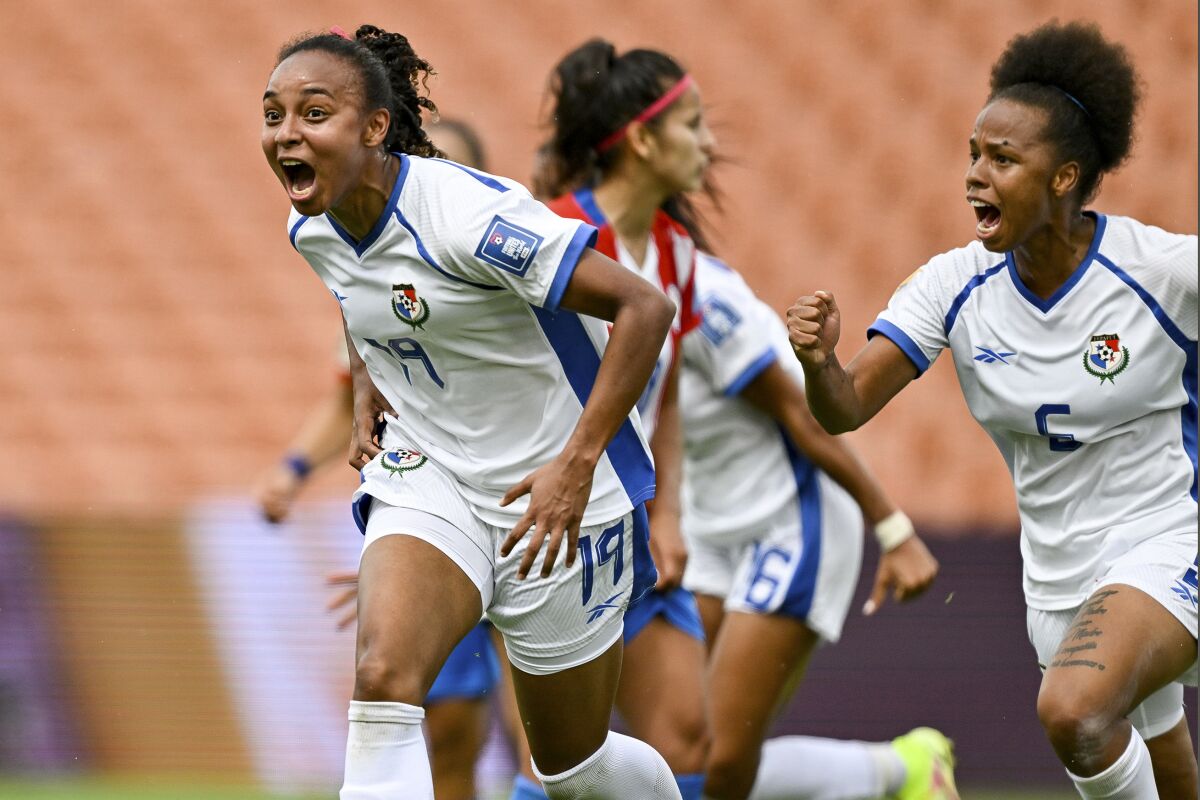 Lineth Cedeno of Panama celebrates after scoring her team's goal during their FIFA women's World Cup qualifier against Paraguay in Hamilton, New Zealand, Thursday, Feb. 23, 2023. (Alan Lee/Photosport via AP)