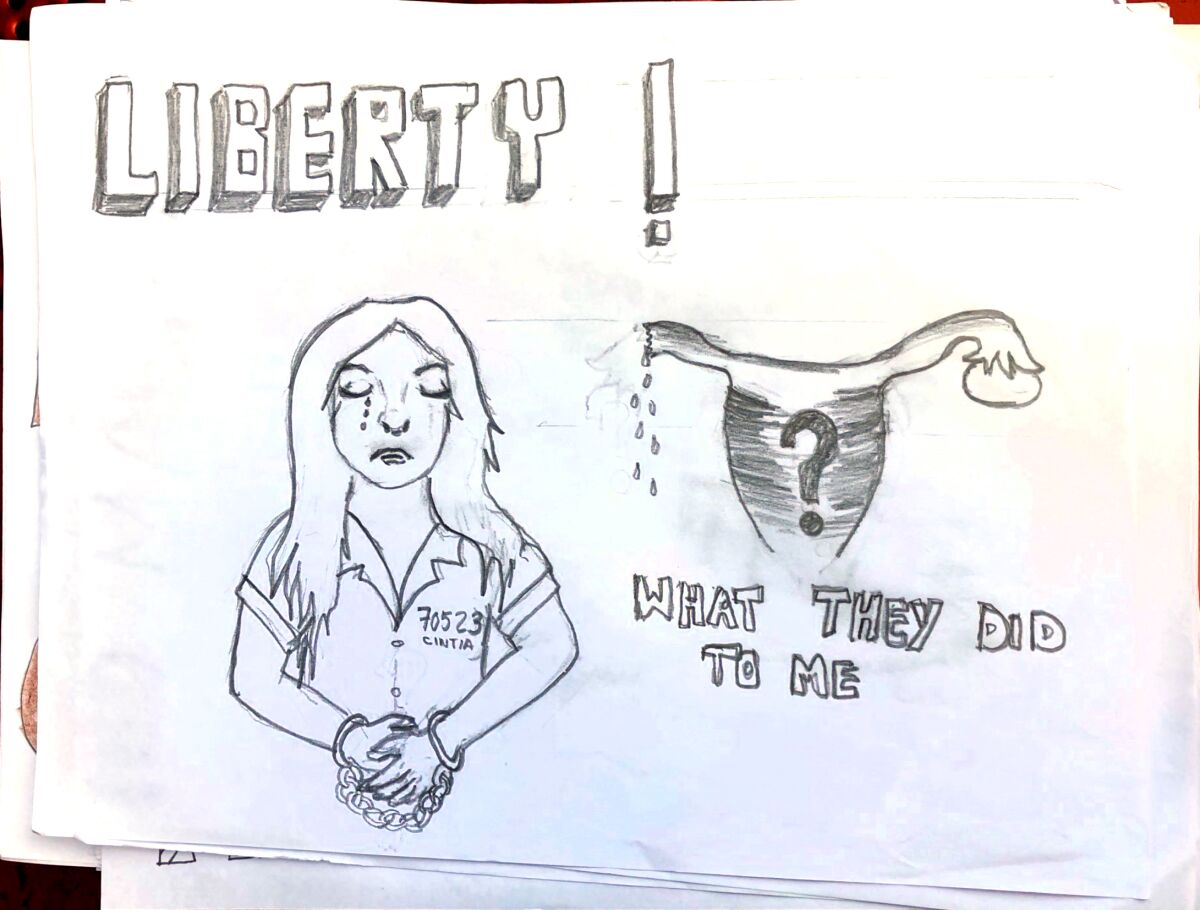 A detainee's drawing shows a question mark within a uterus and a female inmate crying next to it.