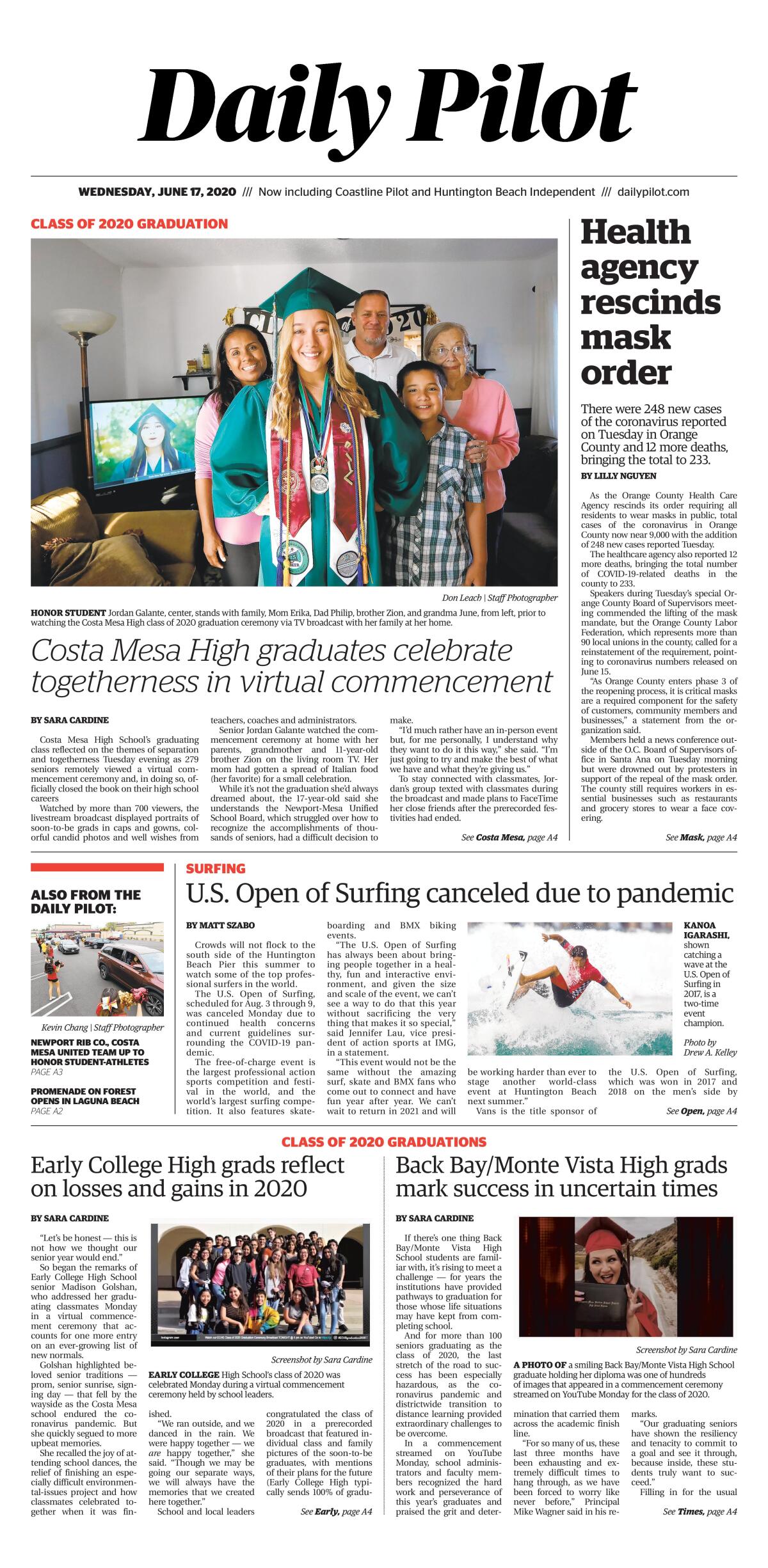 Daily Pilot e-Newspaper: Wednesday, June 17, 2020 Cover