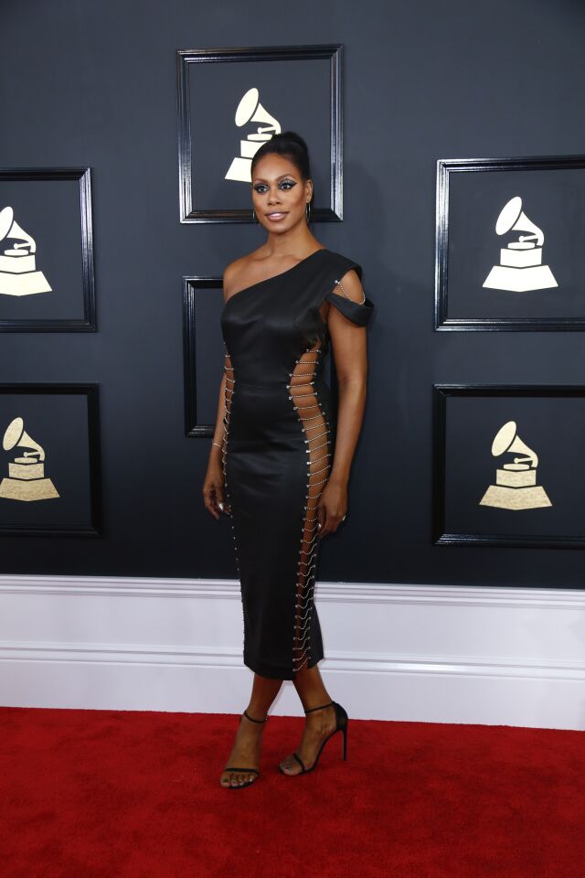 Laverne Cox arrives at the 59th Grammy Awards.