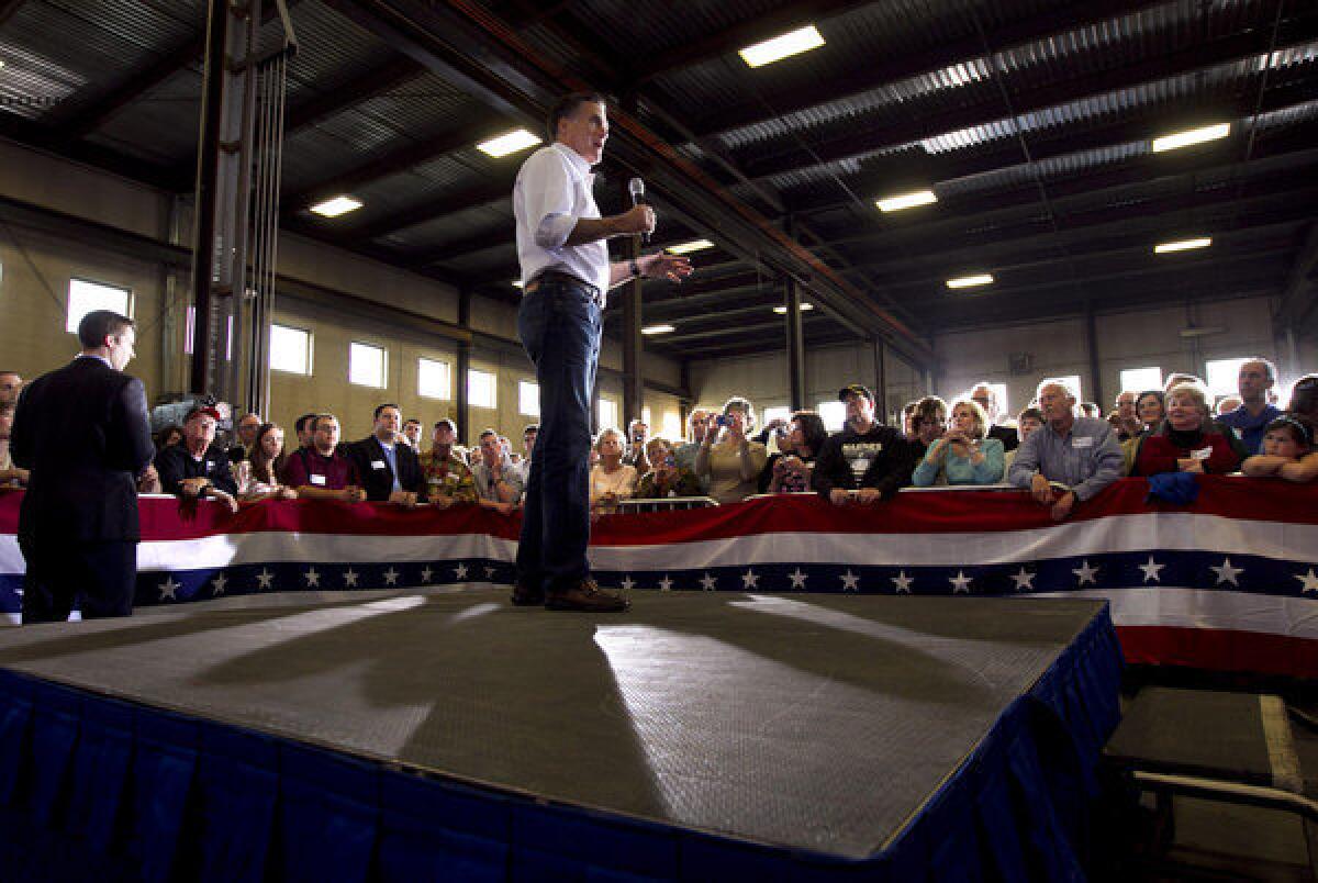 Mitt Romney addresses a crowd at a campaign event in Broomall, Pa.