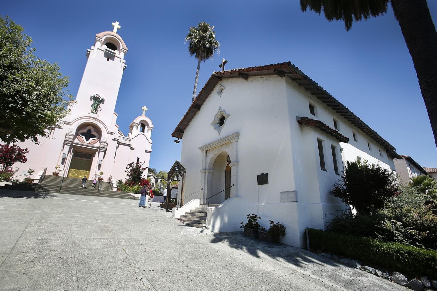 Mission San Rafael Arcángel was originally used as a hospital for Native Americans. The mission chapel, right, was rebuilt in 1949 next to a church built on the site of the original chapel.