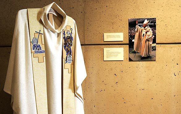 A vestment worn by Pope John Paul II in May 1985 is part of the exhibit "For the Greater Glory of God" at the Cathedral of Our Lady of the Angels. Most of the liturgical wear on display is the work of the Stadelmaier Co. of the Netherlands.