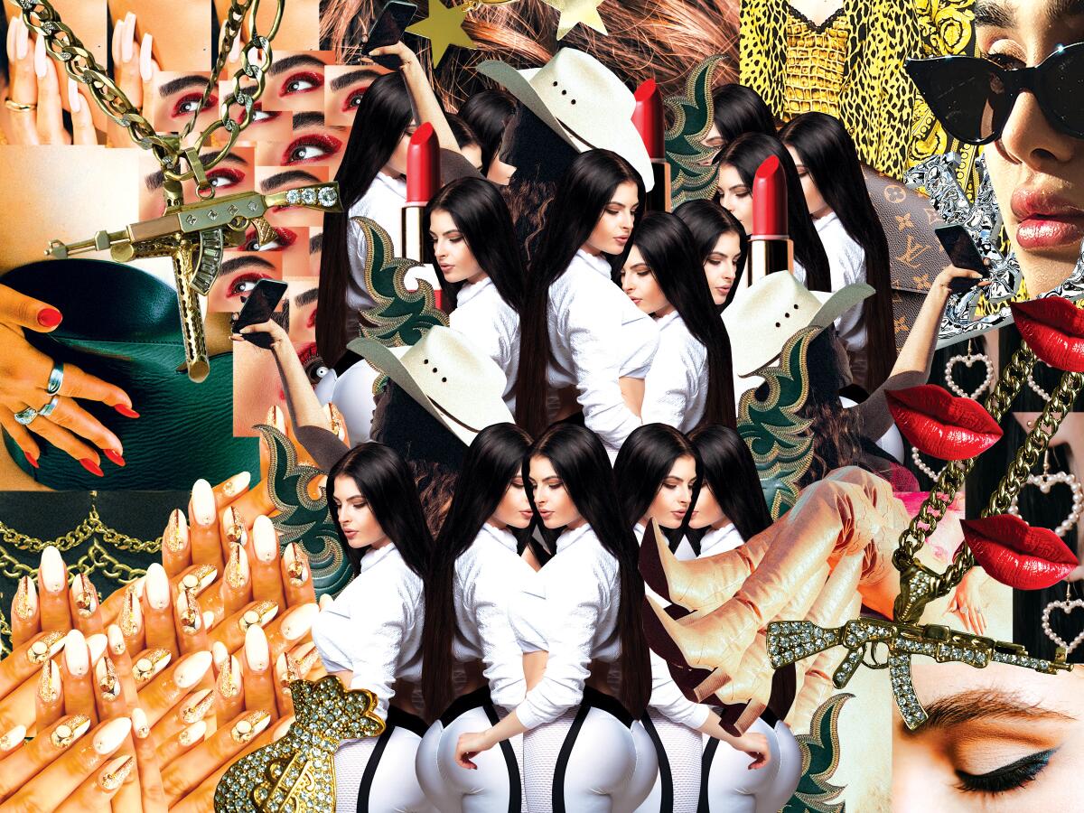 A photo collage shows images of women, hair, lips, tight athletic pants and gold necklaces featuring an AK-47