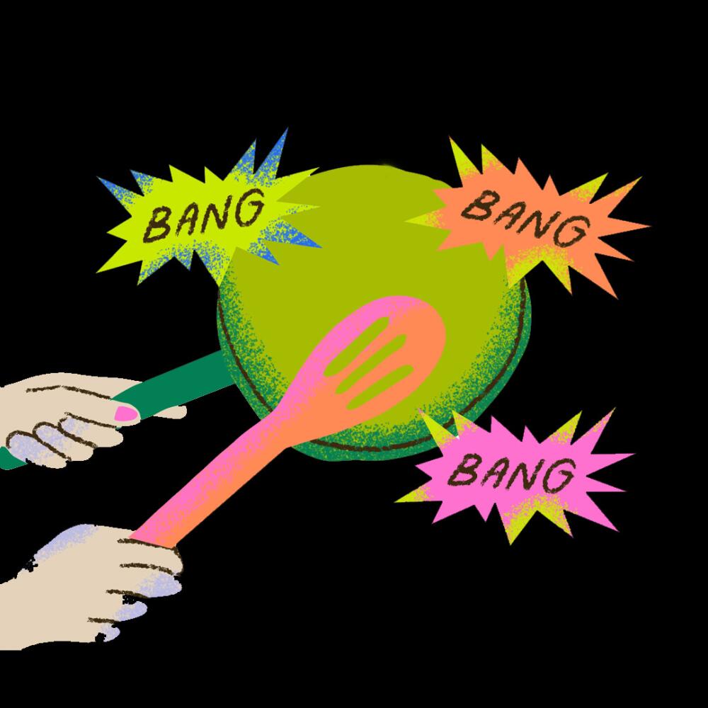 hands hitting a pot with word bubbles "bang" 