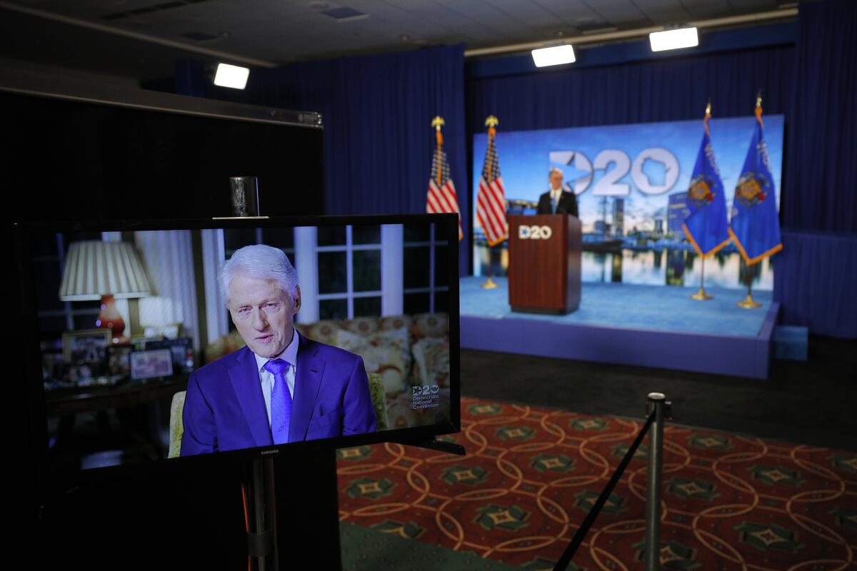 Former President Bill Clinton delivers a speech by video Tuesday for the Democratic National Convention.