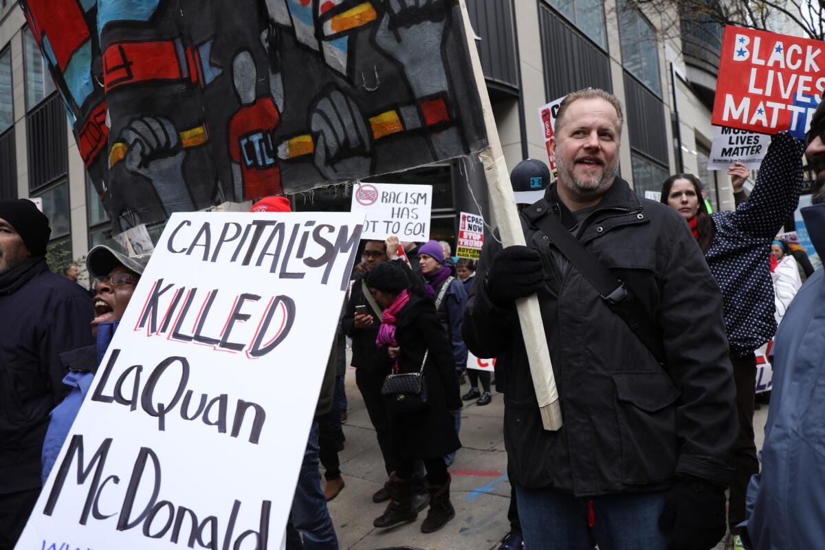 The crowd calling for a Black Friday boycott along the Magnificent Mile was smaller than in 2015.