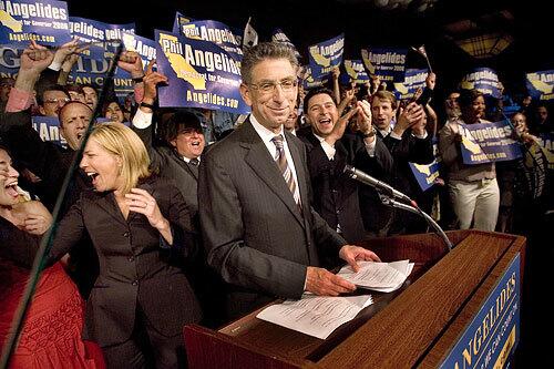 Democratic gubernatorial candidate Phil Angelides accepts applause after he announced victory at 12:45 am on Wednesday.