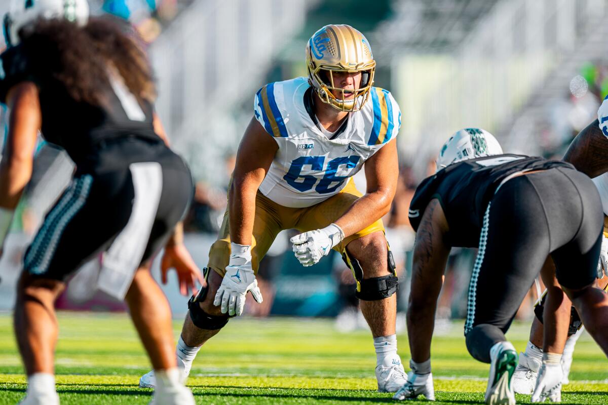 UCLA's Niki Prongos lines up before a snap against Hawaii during the 2024 season.