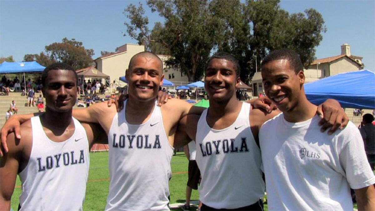 Loyola's school-record 4x100 relay team. Left to right: Lee Duncan, Mekai Sheffie, Nico Evans and Morgan Simon.