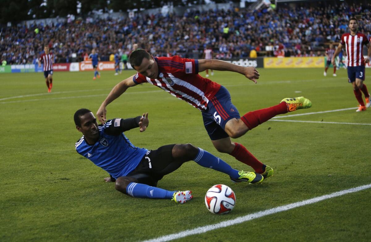 Chivas USA's Donald Toia, right, battles with San Jose's Atiba Harris during the firt half of a 1-0 loss to the Quakes.