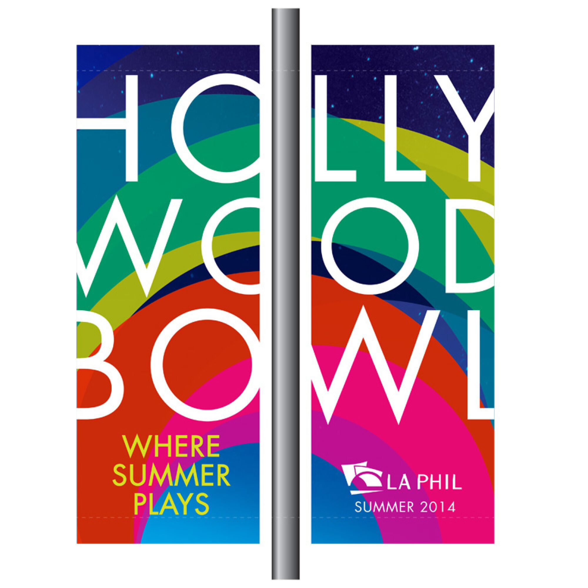 Street banners that say "Hollywood Bowl, where summer plays" on a colorful background.