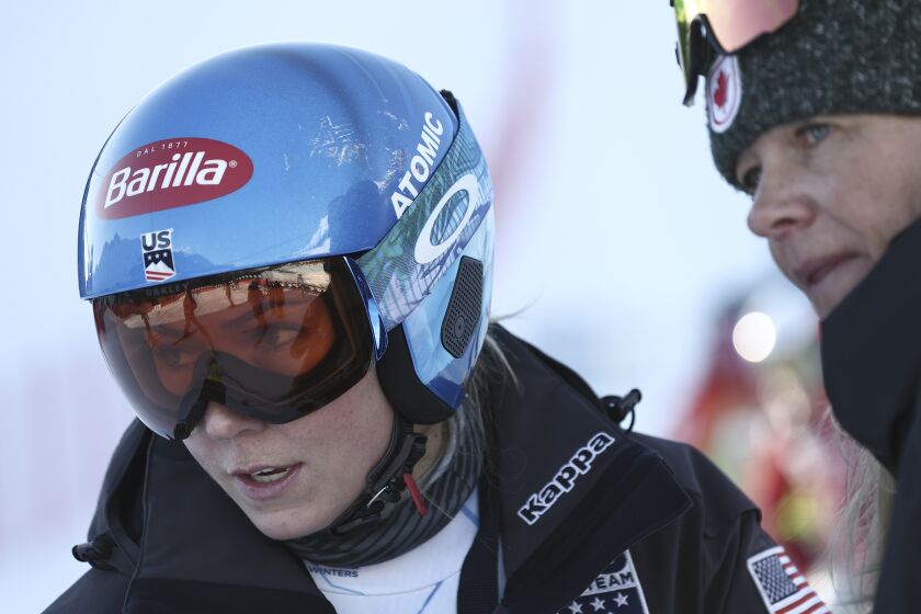 United States' Mikaela Shiffrin is seen during the course inspection ahead of the super G portion of an alpine ski, women's World Championship combined race, in Meribel, France, Monday, Feb. 6, 2023. (AP Photo/Gabriele Facciotti)