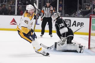 Predators center Matt Duchene, left, scores past Kings goalie Pheonix Copley during the shootout March 11, 2023.