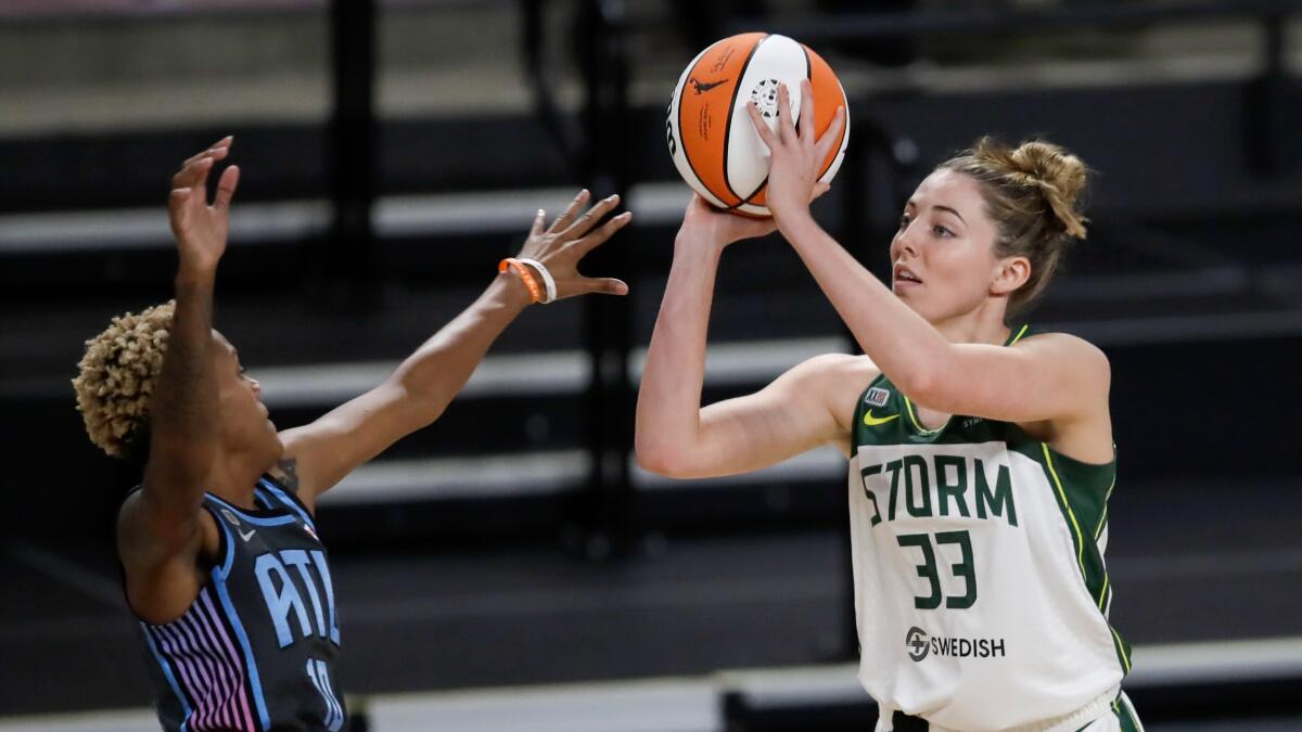 Seattle Storm forward Katie Lou Samuelson shoots against the Atlanta Dream during the first half of their game