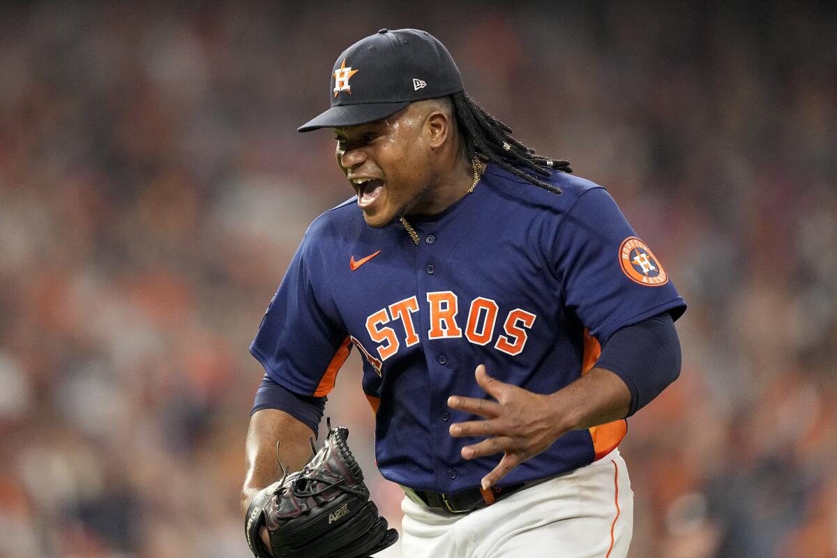 Houston starting pitcher Framber Valdez celebrates a double play that ended the top of the sixth inning Oct. 29, 2022.