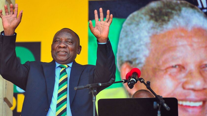 South African Deputy President and African National Congress party President Cyril Ramaphosa delivers a speech at the Grand Parade in Cape Town, South Africa, on Feb. 11, 2018, on the 28th anniversary of Nelson Mandela's release from prison.