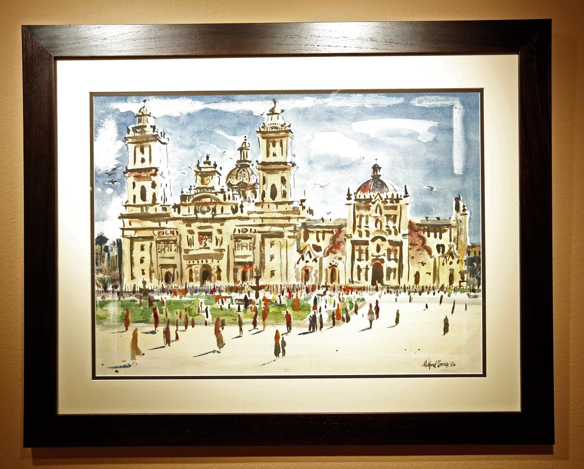 This 1956 watercolor on paper of the Metropolitan Cathedral in Mexico City, by Milford Zornes, is being displayed.