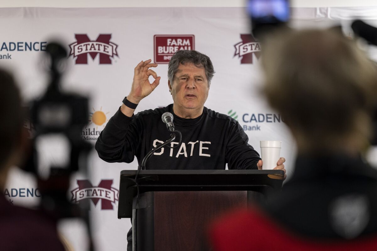 Mississippi State coach Mike Leach talks to reporters after a 30-6 loss to Alabama on Oct. 22 in Tuscaloosa, Ala.