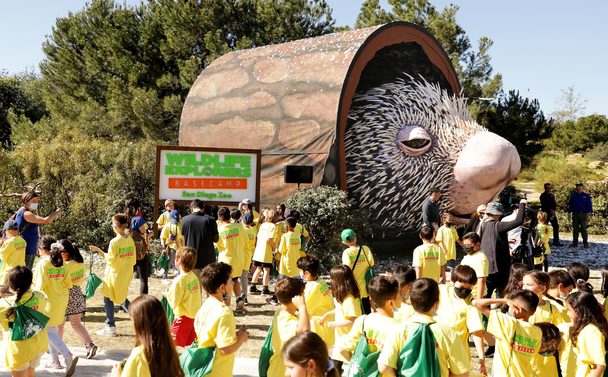Schoolchildren at the unveiling of Percy the Porcupine from Jim Henson's Creature Shop at Elysian Park on March 1, 2022