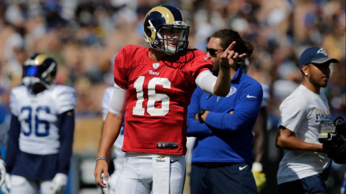 Rams quarterback Jared Goff reacts during a team scrimmage on Aug. 6 at the Coliseum.