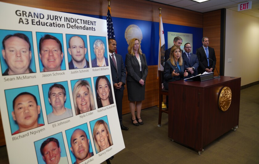 San Diego District Attorney Summer Stephan, center, announced indictments on Wednesday against two charter school administrators who are accused of pocketing more than $50 million in state funds and indictments of nine others alleged to be involved.