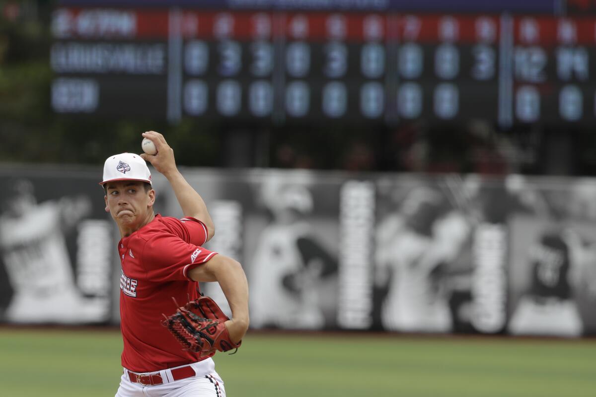 Louisville's Bobby Miller throws a pitch.