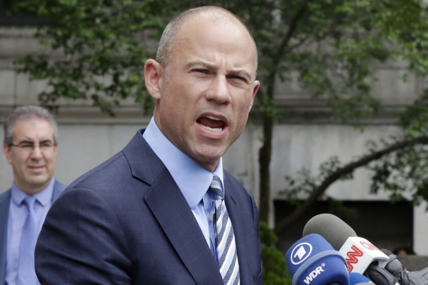 Michael Avenatti, attorney for porn actress Stormy Daniels, talks to the media after a Federal Court hearing, in New York, Wednesday, May 30, 2018. The attorney for Michael Cohen, Stephen Ryan, blasted Avenatti during a court hearing about materials seized in an FBI raid of Cohen's home and office. (AP Photo/Richard Drew)