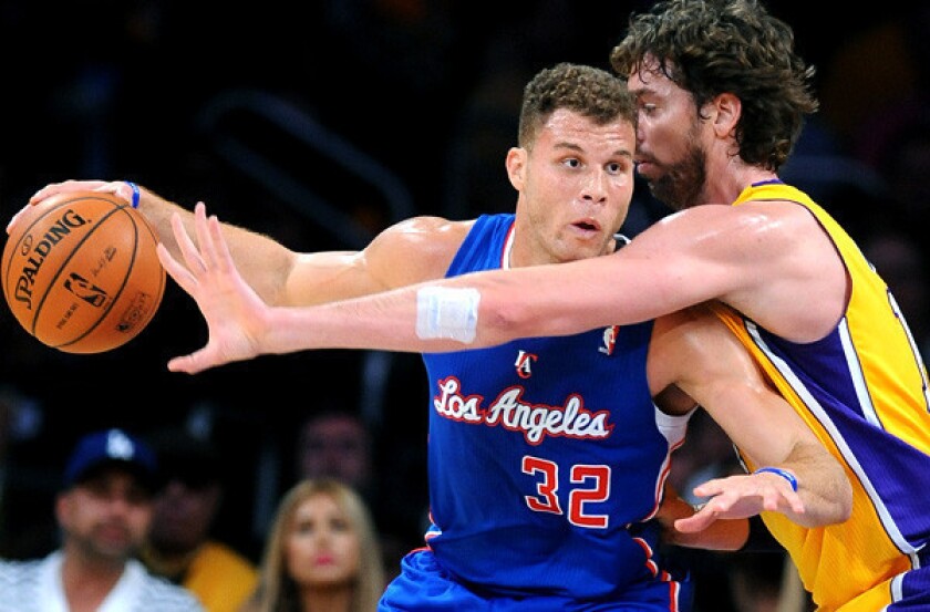 Power forward Blake Griffin (32) of the Clippers and Pau Gaol of the Lakers are the two healthy stars who will lead their teams into battle against each other on Friday night.