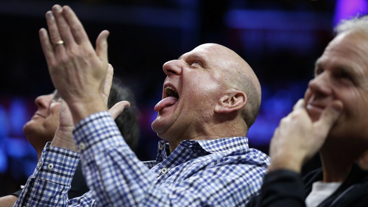 Clippers owner Steve Ballmer cheers during a victory over the New Orleans Pelicans in January 2016. Las Vegas oddsmakers have picked the Clippers as the early favorite to win the NBA title.