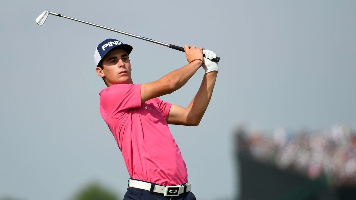 Joaquin Niemann plays his shot from the 13th tee during the first round of the U.S. Open golf tournament at Erin Hills.