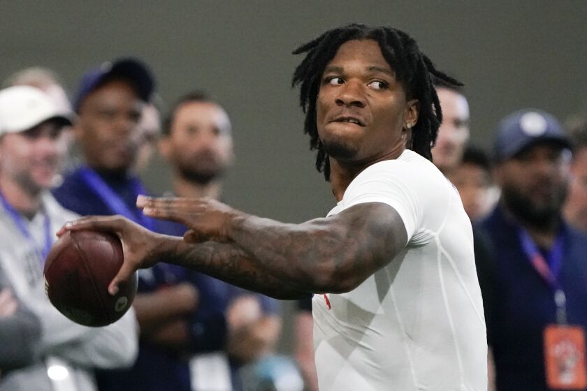 Florida quarterback Anthony Richardson throws a pass during an NFL football Pro Day, Thursday, March 30, 2023, in Gainesville, Fla. (AP Photo/John Raoux)