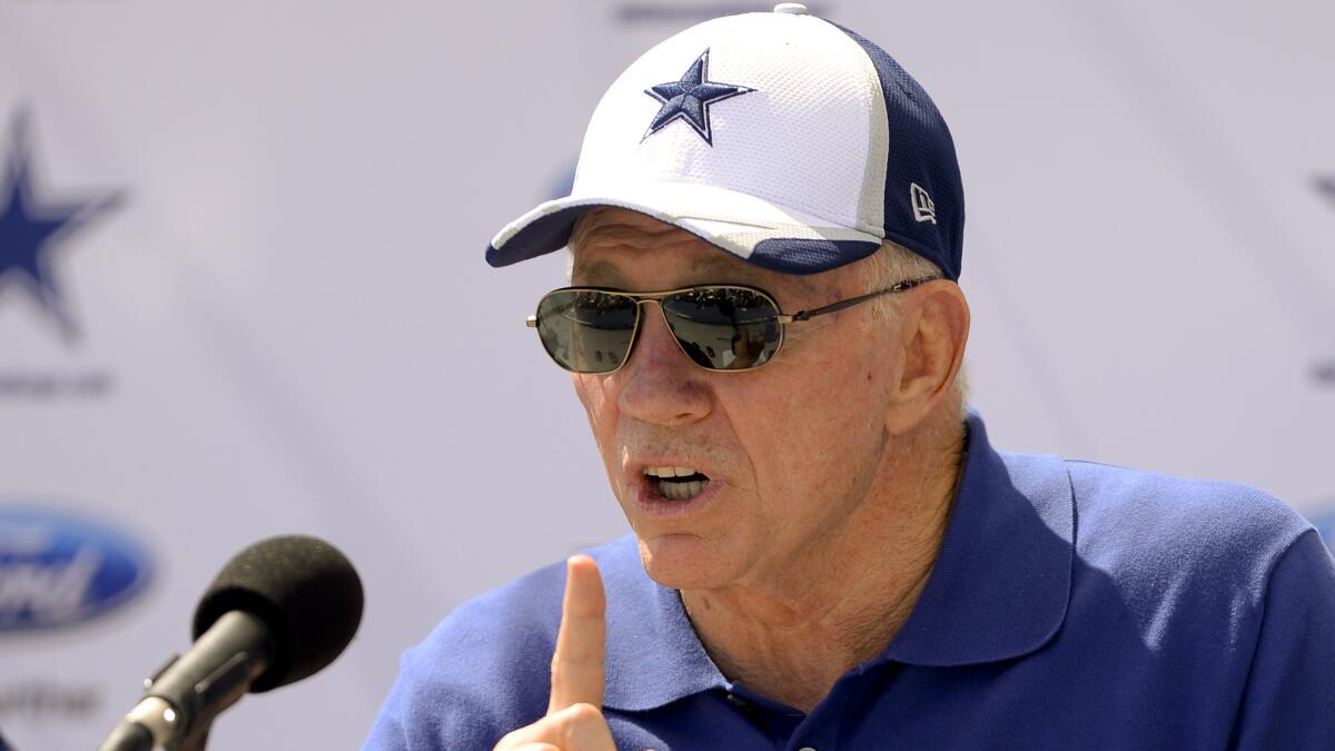 Dallas Cowboys owner Jerry Jones speaks at a news conference during Cowboys training camp in Oxnard on Wednesday.