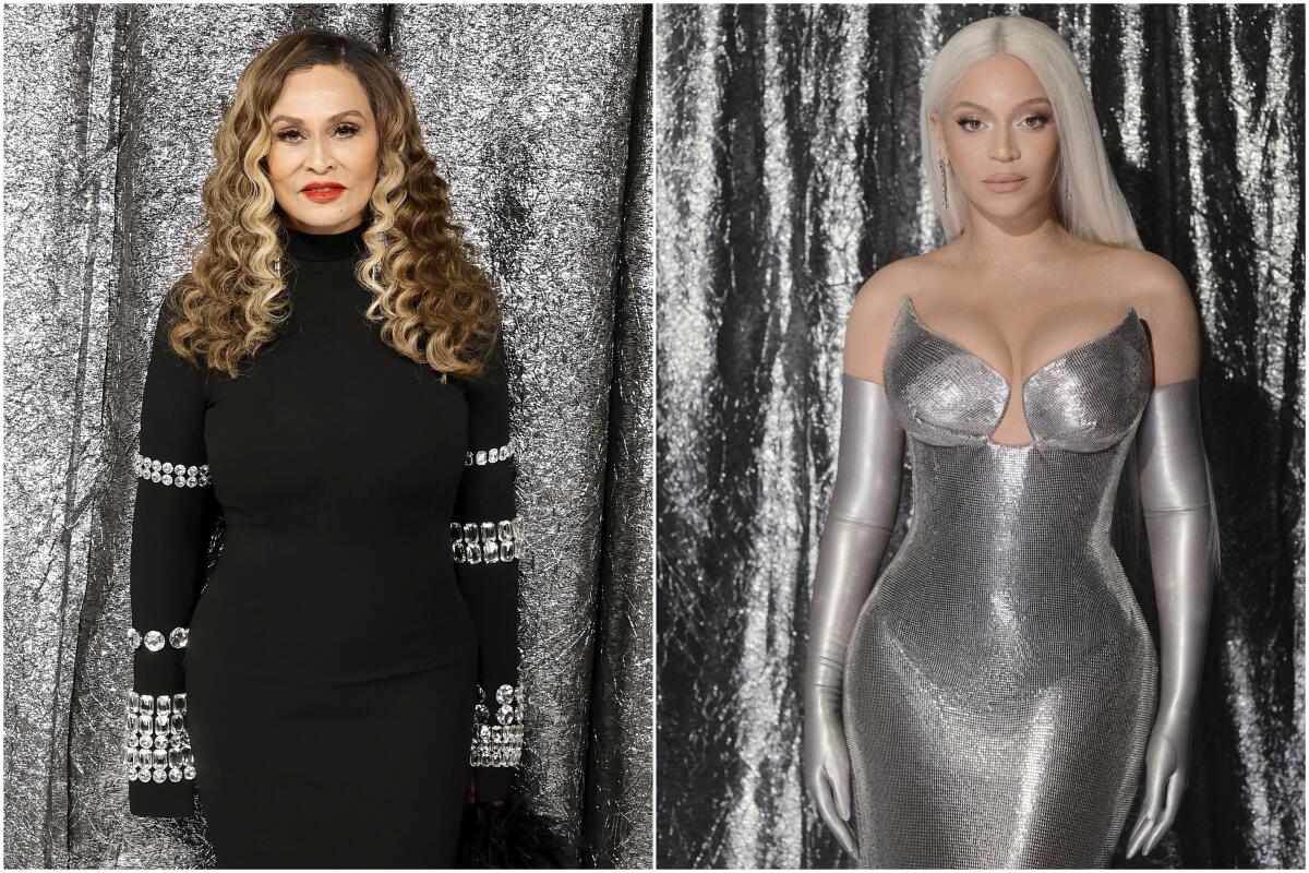 A collage of Tina Knowles, left, and her daughter Beyoncé in formal gowns for the 'Renaissance' premiere