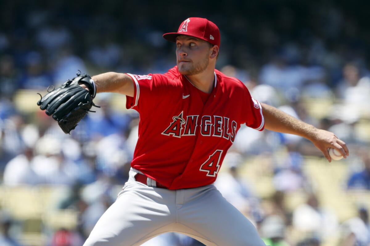 Reid Detmers of the Angels throws a pitch against the Dodgers on Sunday.