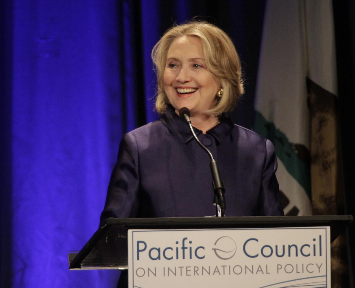 The former secretary of State, shown at a recent appearance in Beverly Hills, was the subject of a pair of informational events Monday in the Los Angeles area by the super PAC Ready for Hillary.
