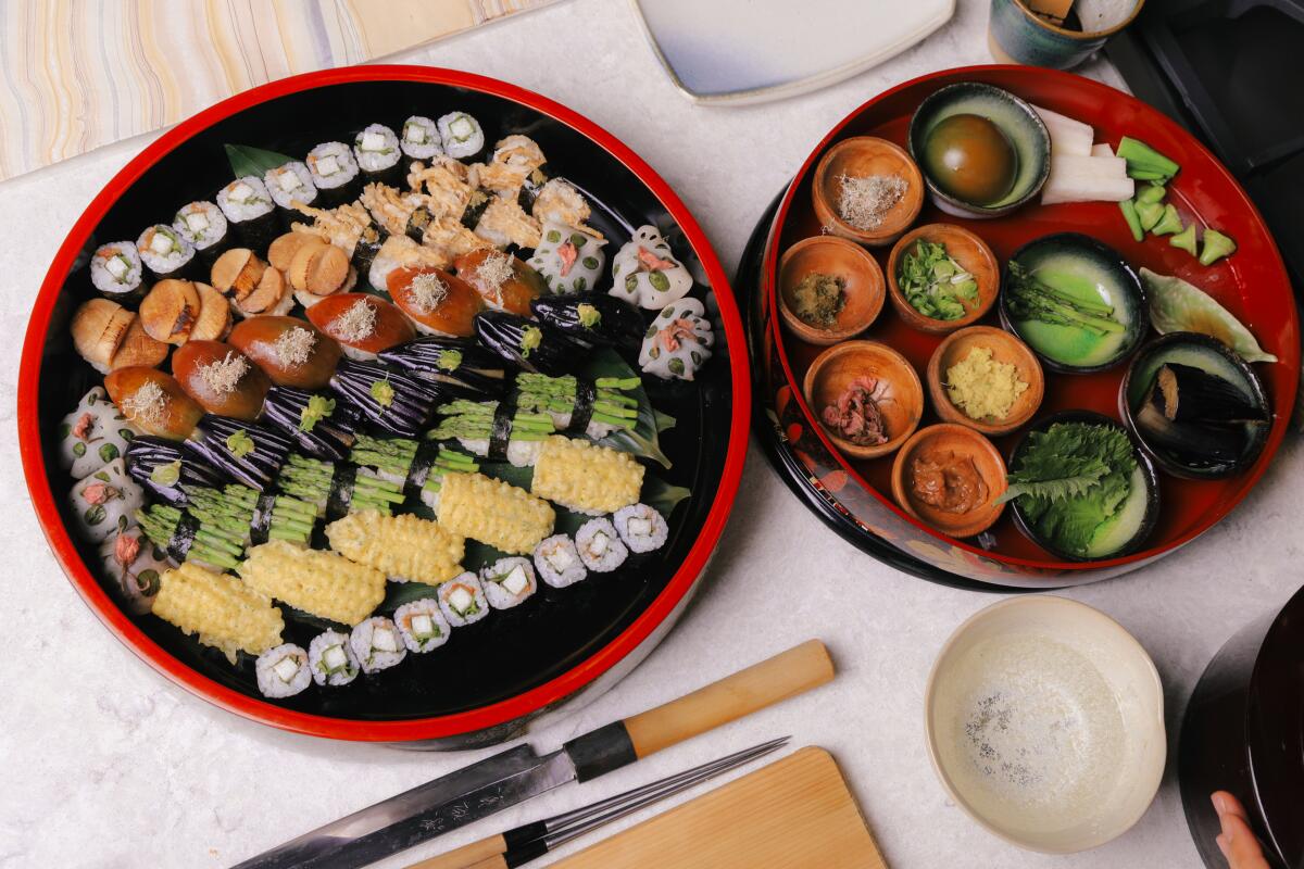 Vegan sushi platter by Chef Yoko Hasebe, photographed in the LA Times Test Kitchen.