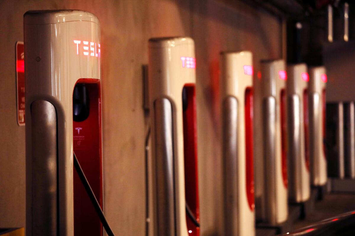 A bank of Tesla Supercharger stations can be found inside the garage at the Haven apartment complex in Culver City .